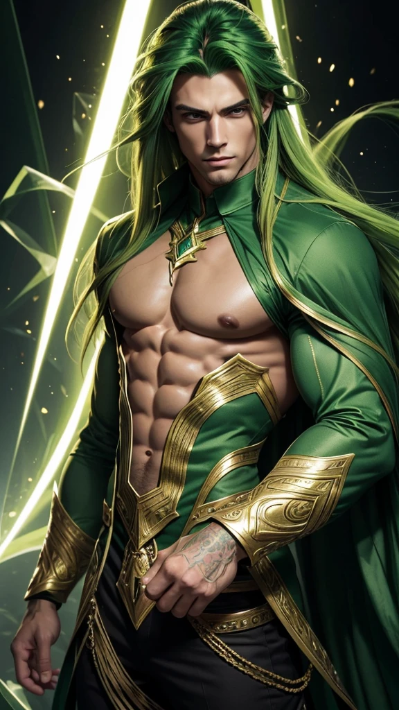 Handsome muscular boy with long green hair electric green eyes green long sleeve shirt with golden touches green magic crystal