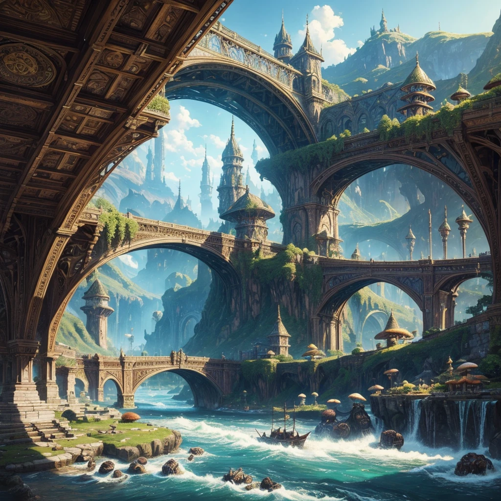 (masterpiece:1.2), extremely intricate details, ff14style, dynamic painting, depicting a bustling city with a majestic bridge spanning wide rivers, surrounded by towering giant mushrooms. The vast landscape bursts with vivid colors 