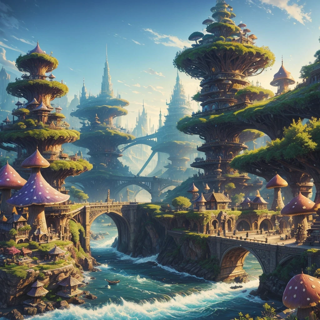 (masterpiece:1.2), extremely intricate details, ff14style, dynamic painting, depicting a bustling city with a majestic bridge spanning wide rivers, surrounded by towering giant mushrooms. The vast landscape bursts with vivid colors 