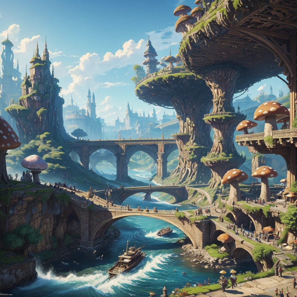 (masterpiece:1.2), extremely intricate details, ff14style, dynamic painting, depicting a bustling city with a majestic bridge spanning wide rivers, surrounded by towering giant mushrooms. The vast landscape bursts with vivid colors 