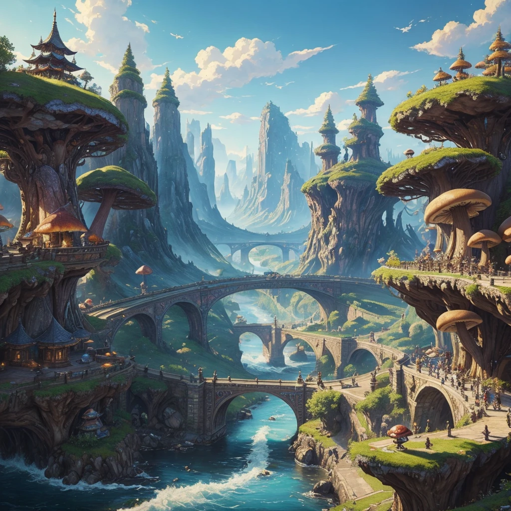 (masterpiece:1.2), extremely intricate details, ff14style, dynamic painting, depicting a bustling city with a majestic bridge spanning wide rivers, surrounded by towering giant mushrooms. The vast landscape bursts with vivid colors 