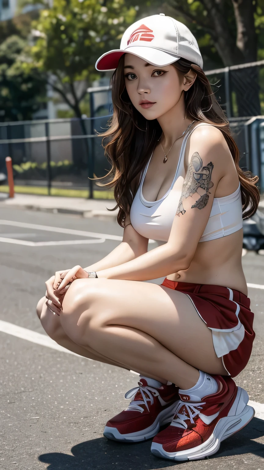 woman with white skin, tattoos, cleavage, sports clothing, tennis shoes, red cap. Light brown wavy hair. On the street.