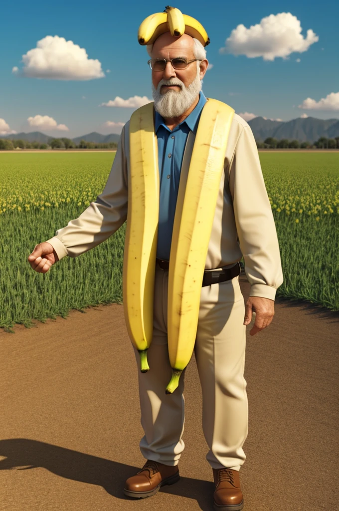 Senior adult man in the field full body 3D animation with a bunch of banana