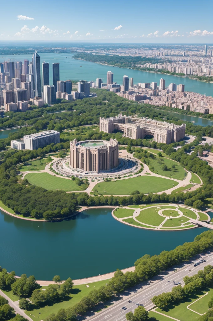 A large park with a large lake in the center and buildings in the background