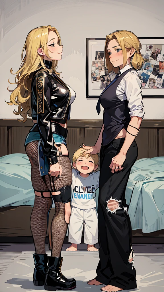 two sexy women looking down at boy with blonde hair and shorts, women touch behind of boy's head, women have flirtatious smiles