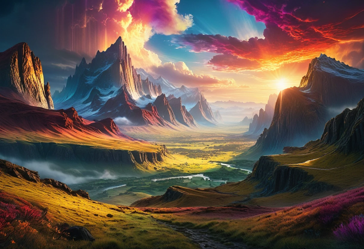 Majestic landscape, photorealistic, fantasy movie style, dramatic lighting, epic scenery, detailed, vibrant colors, otherworldly, high definition, cinematic, ultra-high resolution