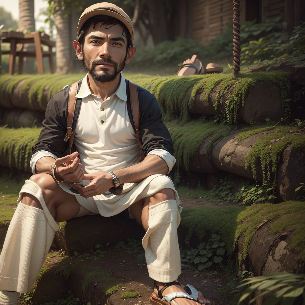 man in sandals with a lot of socks around 