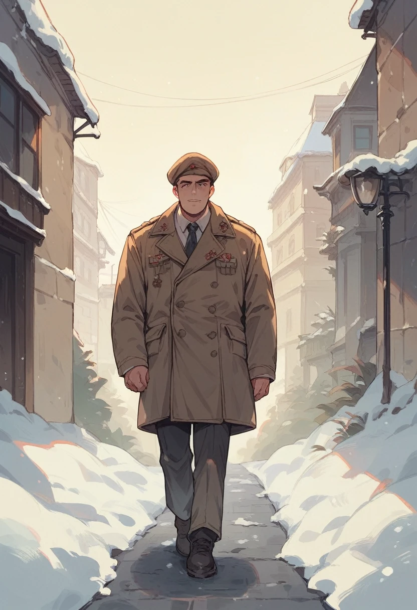 Man and woman walking in front of some old Soviet apartments in the evening snow