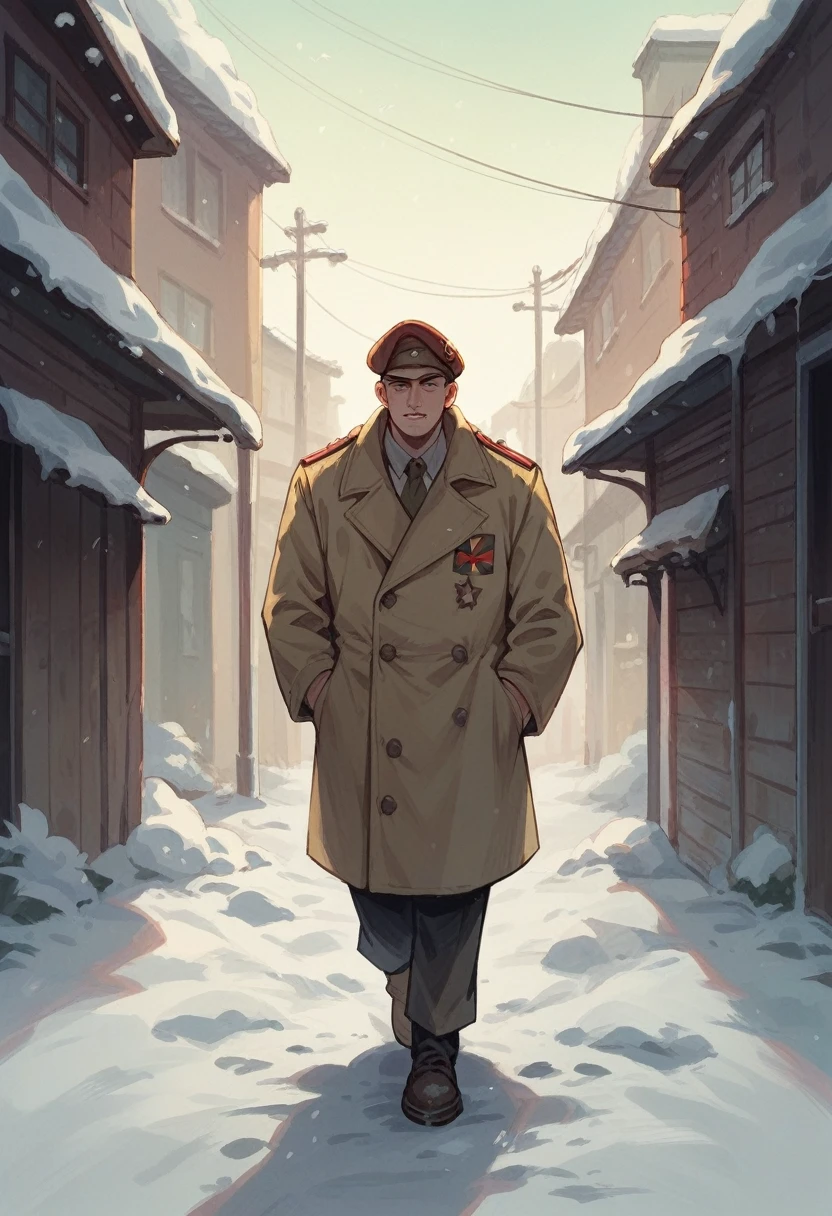 Man and woman walking in front of some old Soviet apartments in the evening snow