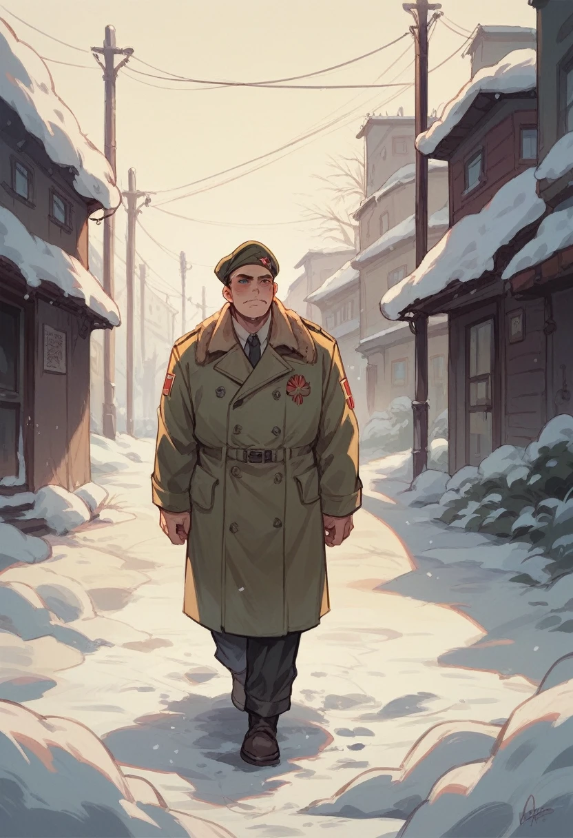 Man and woman walking in front of some old Soviet apartments in the evening snow