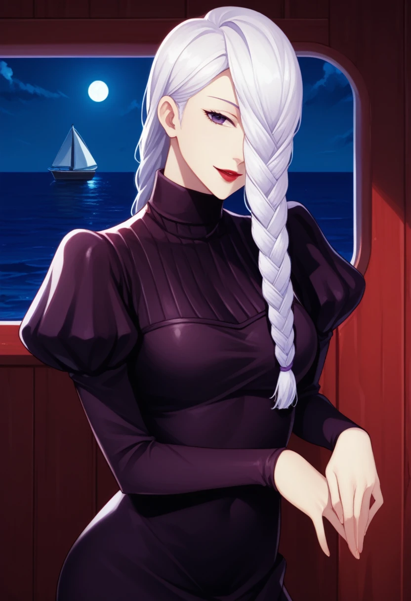 score_9_up, score_8_up, score_7_up, 1girl, solo, mature female, mei mei, looking at viewer, white hair, braid, hair over one eye, half closed eye, braided ponytail, braided bangs, purple eye, red lips, parted lips, naughty smile, long sleeves, dress, puffy sleeves, black dress, juliet sleeves, turtleneck dress,((yacht cabin)), night time, standing tall in seductive pose, hands on tits