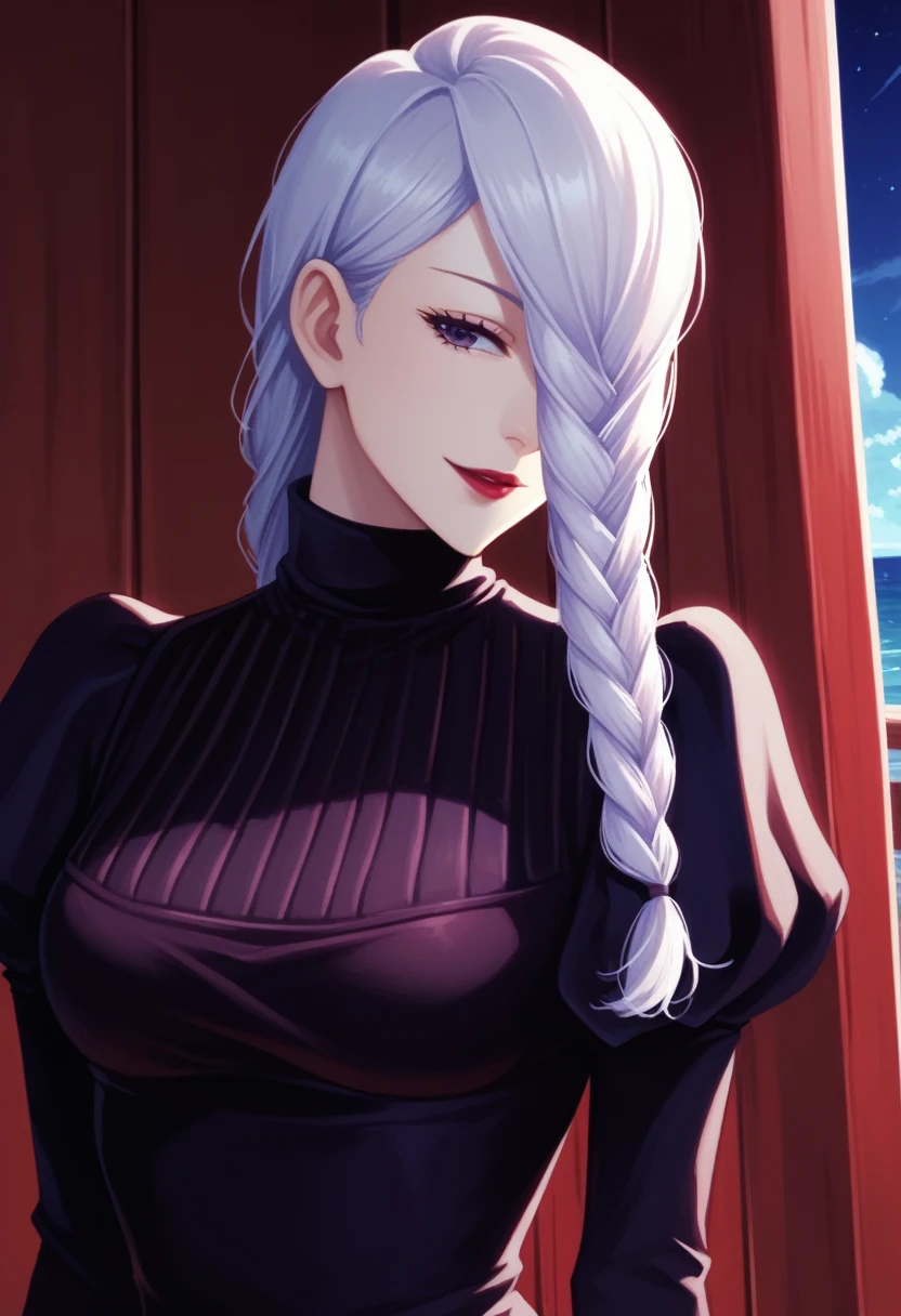 score_9_up, score_8_up, score_7_up, 1girl, solo, mature female, mei mei, looking at viewer, white hair, braid, hair over one eye, half closed eye, braided ponytail, braided bangs, purple eye, red lips, parted lips, naughty smile, long sleeves, dress, puffy sleeves, black dress, juliet sleeves, turtleneck dress,((yacht cabin)), night time, standing tall in seductive pose, hands on tits