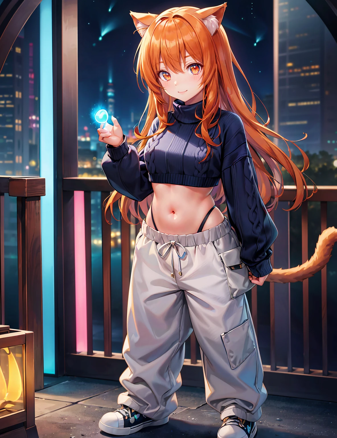 (best quality, ultra-high resolution, depth of field:1.2), (full body shot:1.2), (perfect body:1.2), (medium breasts:1.2), beautiful face, (18 years old), (cat woman), radiant eyes, (brown eyes), (beautiful smile), (orange hair), animal ears, (fluffy cat ears), (fluffy cat tail), (baggy sweater:1.2), (tummy belly:1.2), (cute baggy pants:1.2), (split-sole sneakers:1.2), night time, (multiple points of views), standing, (bioluminescence:1.2),masterpiece,score_9,score_8_up,best quality,incredibly absurdres,anime
