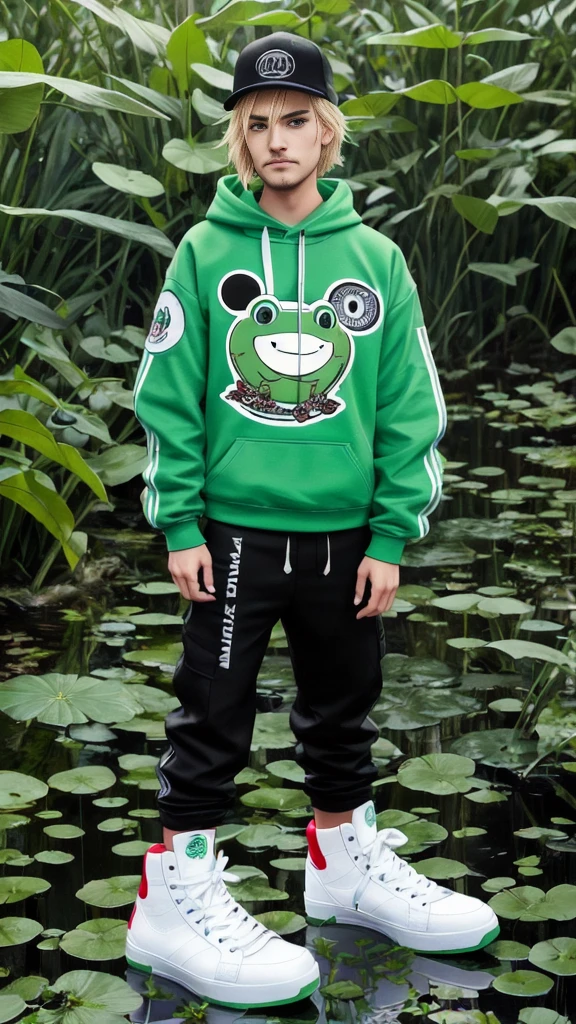 a cartoon frog with a microphone in his hand, pewdiepie, supra, inspired by Adolf Hirémy-Hirschl, designer art, velvet art, bitches brew, green clothing, awestriking, rap bling, swamps, beer in hand, full lenght view, skin : tjalf sparnaay, april, cam, 1 0 8 0 s
