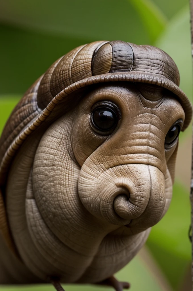 Snail with the face of a 40-year-old human,with short black hair,big cheeks and big nose,without beard and with a stupid face