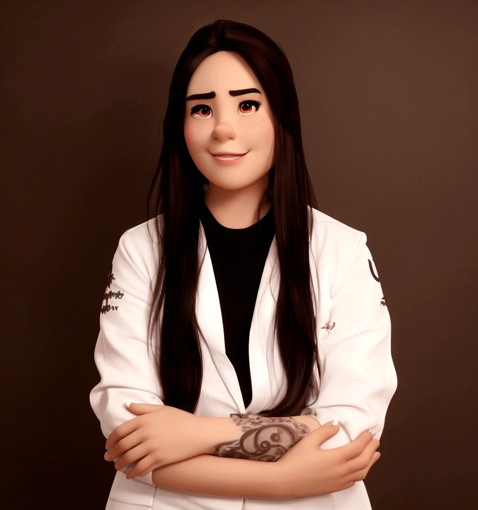 (Pixar-style),A Chinese,long dark brown hair, dark eyes slightly slanted Korean style, round face, Eyebrows marked in dark brown and a very white smile, like a slightly thin nose and symmetrical eyes