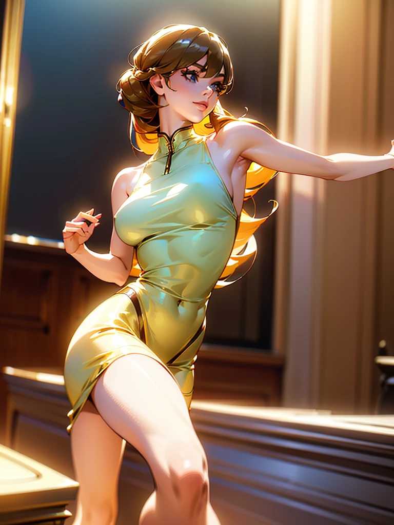 a beautiful woman, perfect figure, narrow waist, long chestnut hair, beautiful detailed eyes, long eyelashes, lustrous detailed lips, beautiful skin, beautiful smile, fashion model, cinematic scene, (best quality,4k,8k,highres,masterpiece:1.2),ultra-detailed,(realistic,photorealistic,photo-realistic:1.37),((dancing)),[red tank top]