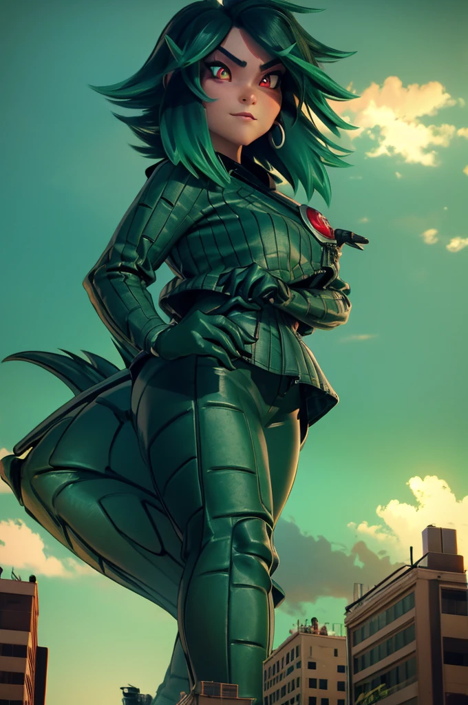 3d, godzilla chan, long hair, reptile tail, giantess, towering over a city, massive breasts, green short hair, red eyes, on a street
