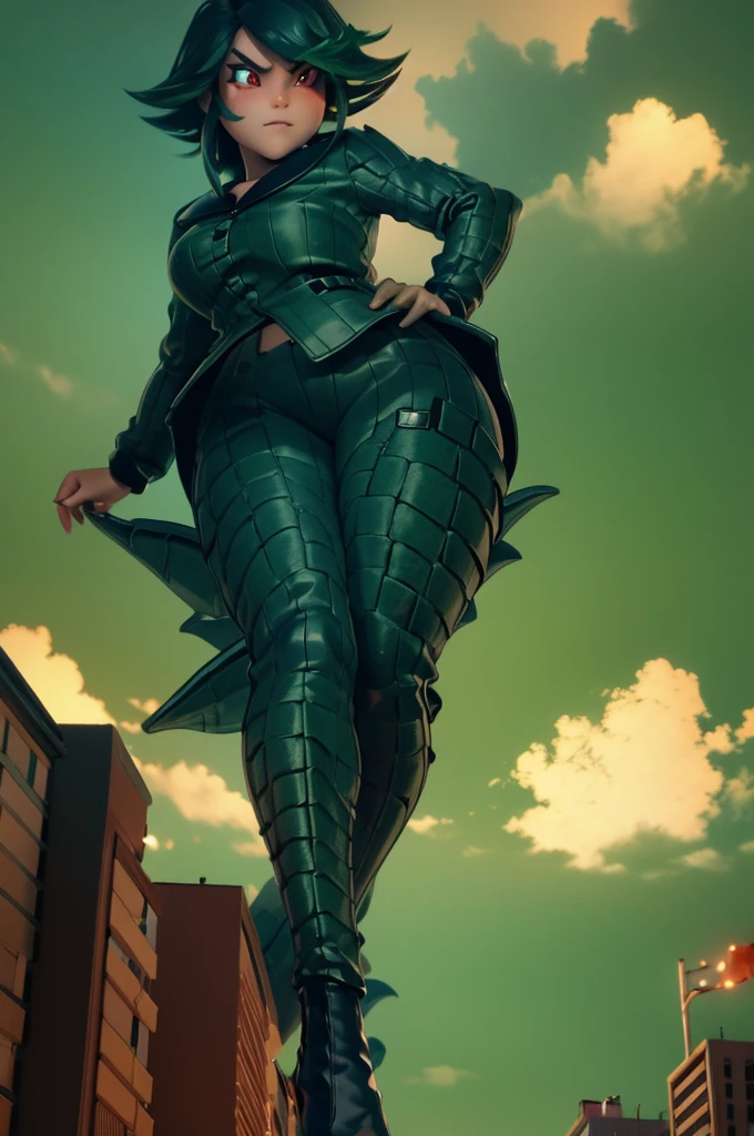 3d, godzilla chan, long hair, reptile tail, giantess, towering over a city, massive breasts, green short hair, red eyes, on a street
