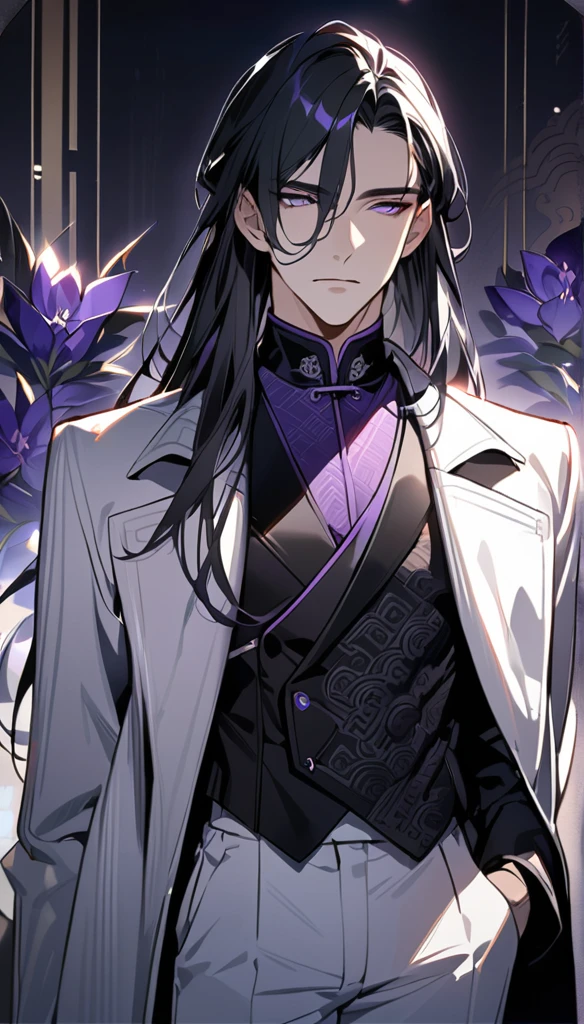(masterpiece:1.5)，best quality，(1 Handsome and calm man)，alone，black hair，(long hair:1.5), (purple eyes), (cold and distant expression)，perfect face，Fantasy Chinese style，Long black trench coat，Purple cloth，Complex clothing design with Chinese elements，Black leather gloves，white lining，White suit pants，Slightly muscular body，High，8K，Beautiful contrast of light and shadow，purple flower，Dark luxury background，(complete upper body)，Positive face