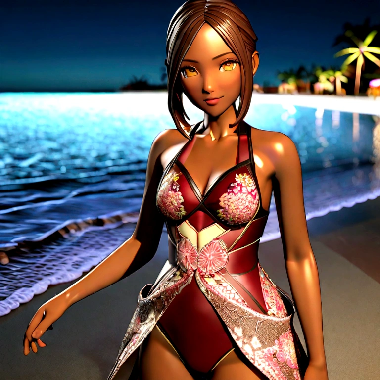 attractive african american woman with asian features, dark skin and nice face, short elegantly styled dark reddish brown hair and light brown eyes. wears a wine red two-piece swimsuit, black floral designs on top. complete 3D model. family friendly. she is on a beautiful beach at night