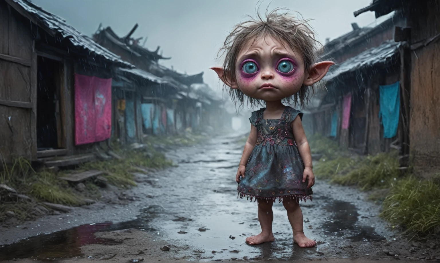 full body length shot, glasses, cutie, [ forgetful ], fanart, special doodle, [ realistic photo ]!!, [ [ hyperrealistic ] ], cute,  very smart, beautiful image, you're something special,in childhood memory, beutiful,eyes extremely detailed,intricate details eyes,eyes extremely detailed, high detailed eyes,16k resolution, eyes anatomically correct,Ultra HD,HDR,hyper realism, hyper detailed,extremely Realism,Ultra Detailed,body logically correct,Extremely detailed,High contrast,Masterpiece,Realism,Ultra Detailed, intricate details,realistic humid leather, cinematic style,irina yermolova,high contrast,hdr,extremely detailed, [deep night landscape],masterpiece,intricate details,faded,eyes extremely detailed,Silverclaw,view from height,full-body-shot,High contrast,Masterpiece,Realistic,Ultra Detailed,intricate details,realistic humid skin,extremely intricate,realism,photorealism, cinematic style,irina yermolova,HDR,((Wangechi Quality)),extremely detailed, [night landscape],masterpiece,intricate details,faded,eyes extremely detailed, high detailed eyes,16k resolution,RAW, Nikon Z9,chinese orc's village of fishers on seaside,authentic,full body length,Labradorite babygirl,native italian troll ,pretty face,eyebrow up,full body shot,ominous landscape,glate gray atmosphere,by art Simon Stalenhag,Nicola Samori,(((Wangechi Mutu))),prime colors,urban,extremely detailed,masterpiece,intricate details,faded,eyes extremely detailed, high detailed eyes,4k resolution,RAW, Nikon Z9,Silver-gold long hair with bangs、Aquamarine Eyes,Fuchsia, sequined dress,Mestichino,Light particles,chaos
