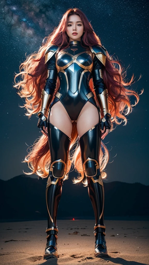 ((best quality)), ((masterpiece)), ((full body photograph)), ultra details armor, sharp armor texture, crisp picture, indonesian woman, extremely beautiful, ((full make ups)), ((pink blush)), ((red lips)), ((long wavy hair)), (blue hair), ((hair blown by strong winds)), ((wearing tight steel-armor)), full steel armor, ((tight latex panty)), ((thighs armor)), ((slim body shape)), ((gold and black armor)), no head cover, symmetrical body pose, epic lights details, night at beach, full of stars, nebula sky, full moon, shooting stars, from below