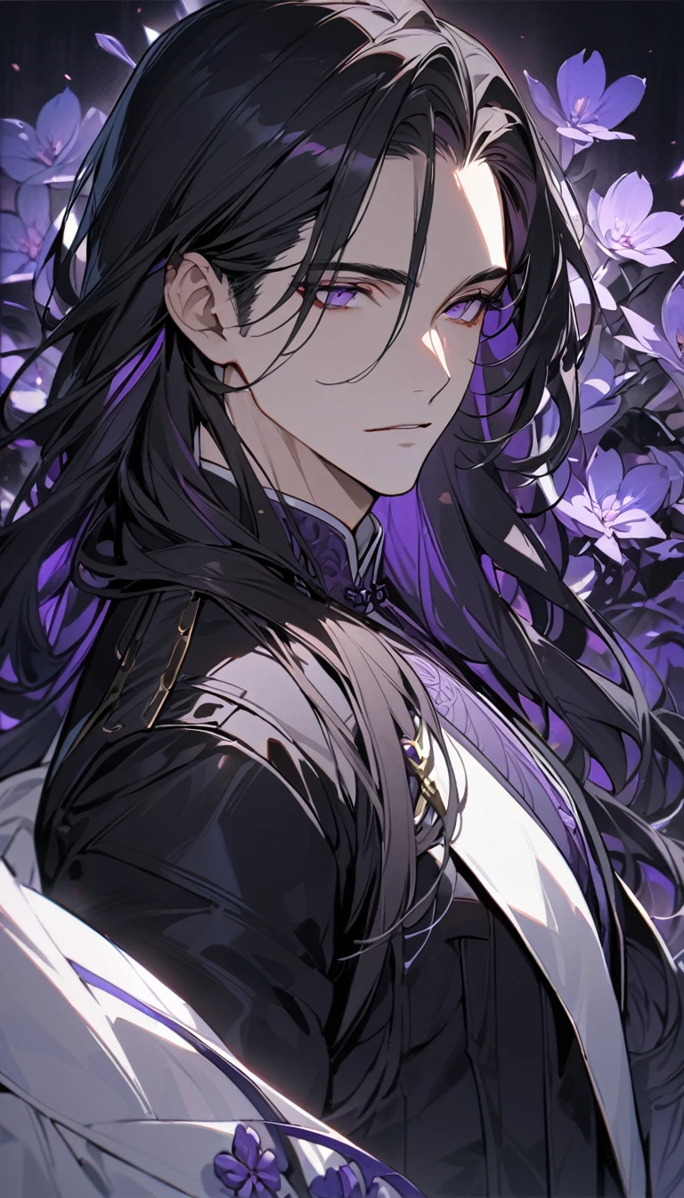 (masterpiece:1.5),best quality,(1 Handsome and calm man),alone,black hair,(long hair:1.5), (purple eyes), (cold and distant expression),perfect face,Fantasy Chinese style,Long black trench coat,Purple cloth,Complex clothing design with Chinese elements,Black leather gloves,white lining,White suit pants,Slightly muscular body,High,8K,Beautiful contrast of light and shadow,purple flower,Dark luxury background,(complete upper body),Positive face