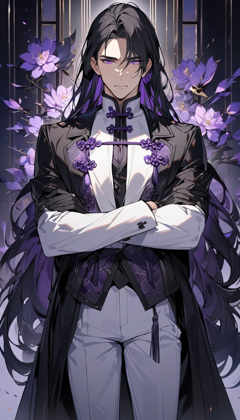 (masterpiece:1.5),best quality,(1 Handsome and calm man),alone,black hair,(long hair:1.5), (purple eyes), (cold and distant expression),perfect face,Fantasy Chinese style,Long black trench coat,Purple cloth,Complex clothing design with Chinese elements,Black leather gloves,white lining,White suit pants,Slightly muscular body,High,8K,Beautiful contrast of light and shadow,purple flower,Dark luxury background,(complete upper body),Positive face
