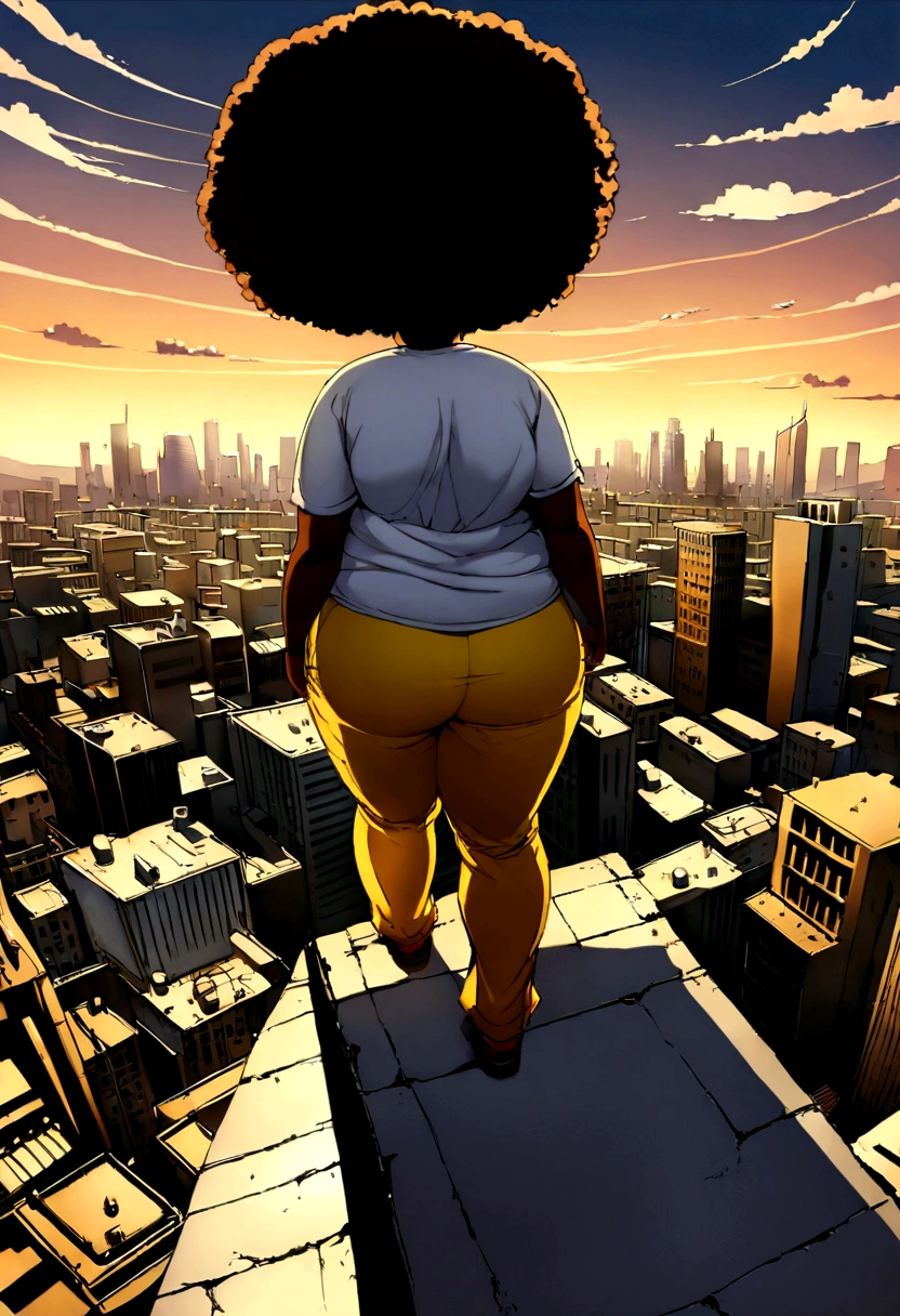 The image A woman with a big afro, Realistic image of an obese black girl, wearing a white t-shirt and yellow pants, stands on the edge of a building standing on a concrete ledge, facing away from the camera. They appear to be looking at a cityscape that includes several buildings of varying heights. The sky is partly cloudy, suggesting it could be late afternoon or early evening. There is no text visible in the image.