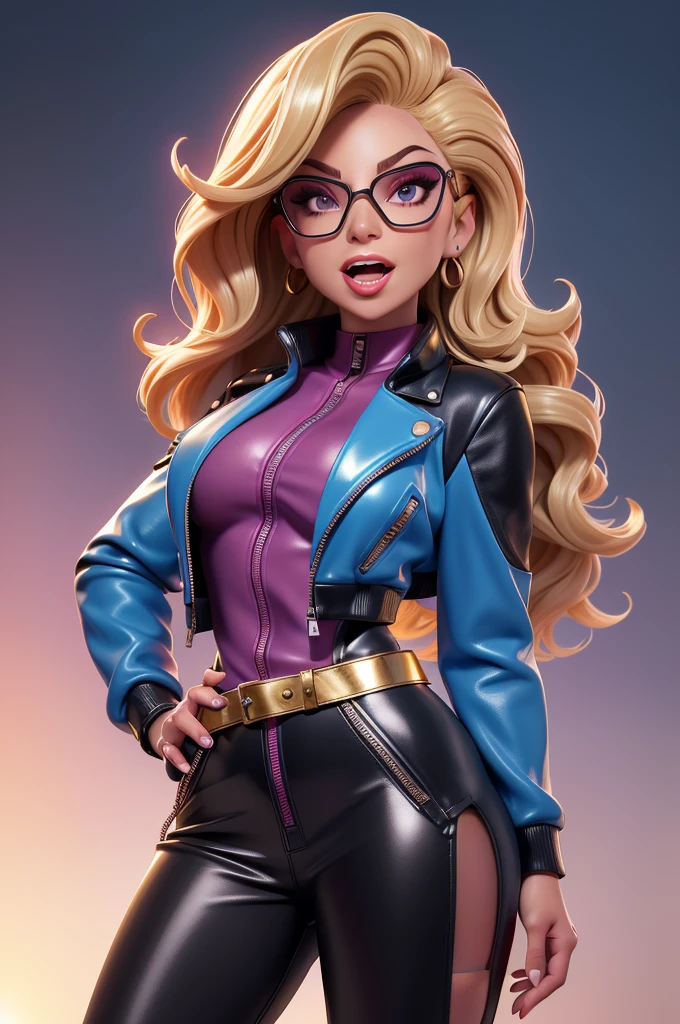 obra prima, melhor qualidade, ((only one woman,)) ((lady gaga, tan skin, wavy bob hair, open mouth,)) head back, (sassy wicked sultry sneer, big teeth smile,) open mouth, pucker mouth, sunglasses, thick smoky black eye shadow, long fake eyelashes, sticking tongue out, ((magenta leather jacket with puff shoulder,)) biker jacket has stiff collar, leather blouse, ((gold leather sweater dress, metallic leather sun dress, leather culottes,)) periwinkle blazer length leather coat, ((cerulean blue pvc skirt, pockets, zipper side,)) studs zippers snaps, shiny leather gloves, nip slip, body is skinny, shiny tight buttocks, arched back, camera view of whole body, looking up at me, shallow depth of field, highres, HD, 8k, anatomically correct