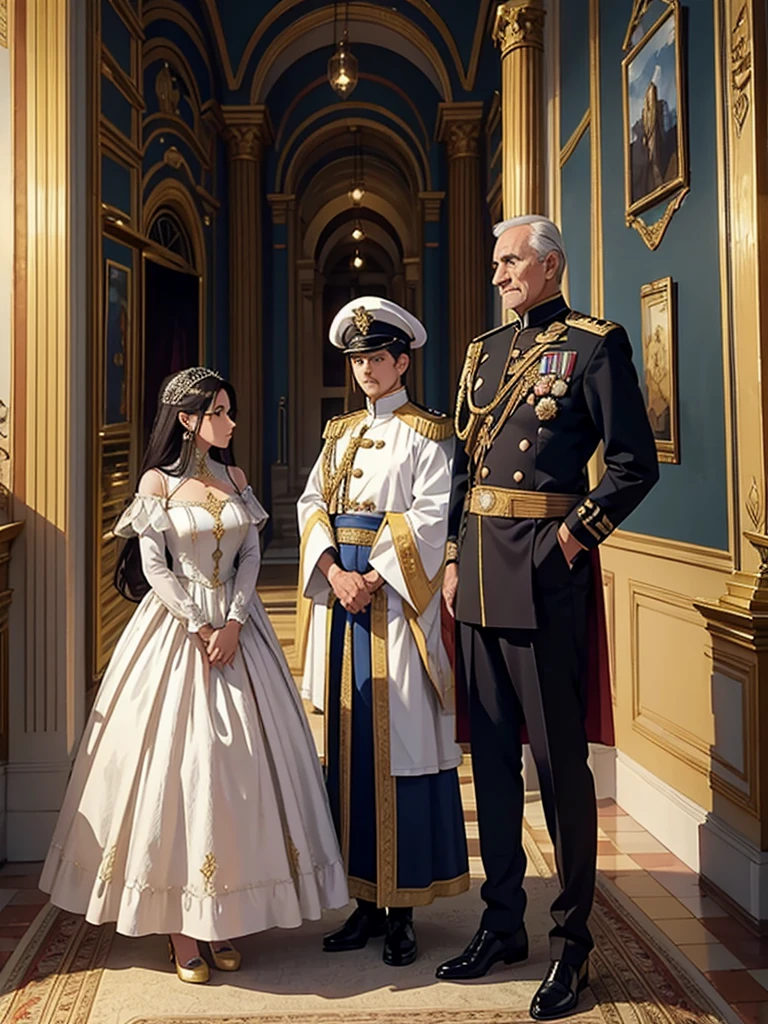 Captain salina with her father the king talking to her with her mother in a palace, with guard around them standing, captain salinas dress golden silk and milk 