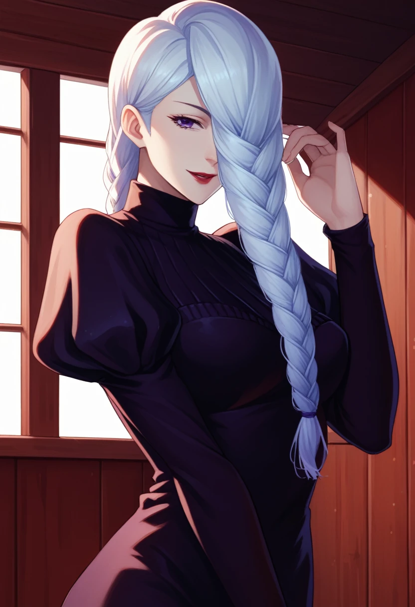 score_9_up, score_8_up, score_7_up, 1girl, solo, mature female, mei mei, looking at viewer, white hair, braid, hair over one eye, half closed eye, braided ponytail, braided bangs, purple eye, red lips, parted lips, naughty smile, long sleeves, dress, puffy sleeves, black dress, juliet sleeves, turtleneck dress,((yacht cabin)), night time, standing tall in seductive pose, ((hands holding tits))