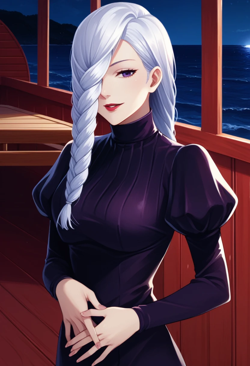 score_9_up, score_8_up, score_7_up, 1girl, solo, mature female, mei mei, looking at viewer, white hair, braid, hair over one eye, half closed eye, braided ponytail, braided bangs, purple eye, red lips, parted lips, naughty smile, long sleeves, dress, puffy sleeves, black dress, juliet sleeves, turtleneck dress,((yacht cabin)), night time, standing tall in seductive pose, ((hands holding tits))