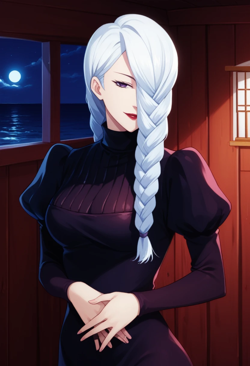score_9_up, score_8_up, score_7_up, 1girl, solo, mature female, mei mei, looking at viewer, white hair, braid, hair over one eye, half closed eye, braided ponytail, braided bangs, purple eye, red lips, parted lips, naughty smile, long sleeves, dress, puffy sleeves, black dress, juliet sleeves, turtleneck dress,((yacht cabin)), night time, standing tall in seductive pose, ((hands holding tits))