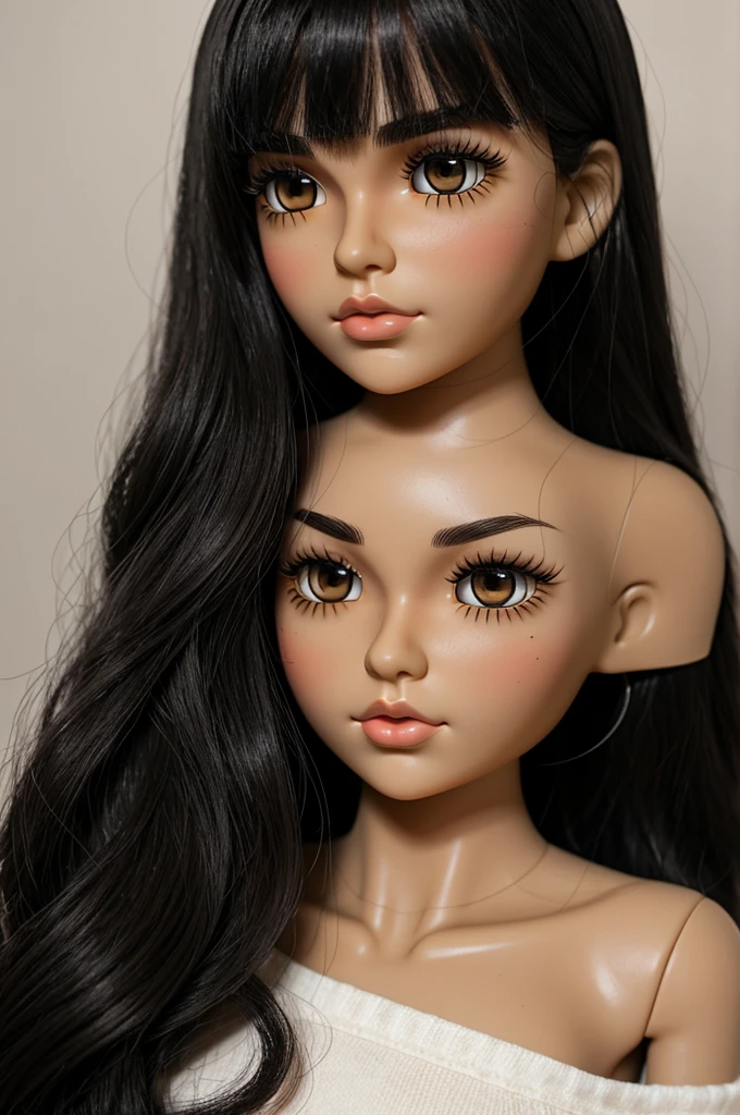 Blythe doll, tan skin, hair below the shoulders dark in color almost black, long, anime-style eyelashes , thin eyebrows and bangs above the eyebrows, a small mole below the left eye and the nose ring (Septum)