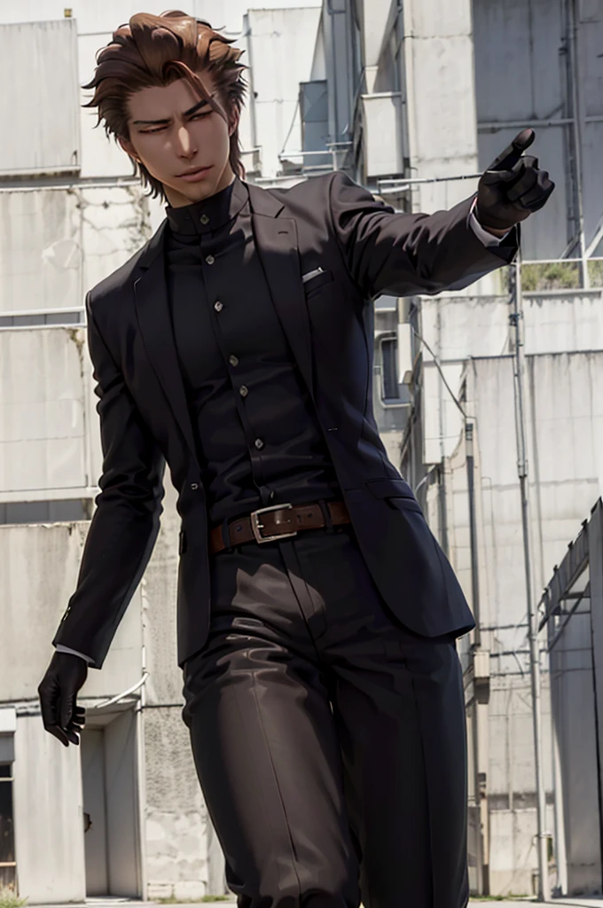 black winter male overcoat black clothing,(masterpiece, best quality:1.2), cowboy shot, solo, male focus, 1boy, looking at viewer,dark formal suit, black formal outfit, black coat, walking straight,(photorealistic:1.4), (masterpiece, sidelighting, finely detailed beautiful eyes: 1.2),black leather gloves,masterpiece, best quality, ultra high res, highly detailed, ominous, dark themed villain, (at night), Aizen,  looking for the viewer, (brown hair), perfect lighting, perfect shading,   