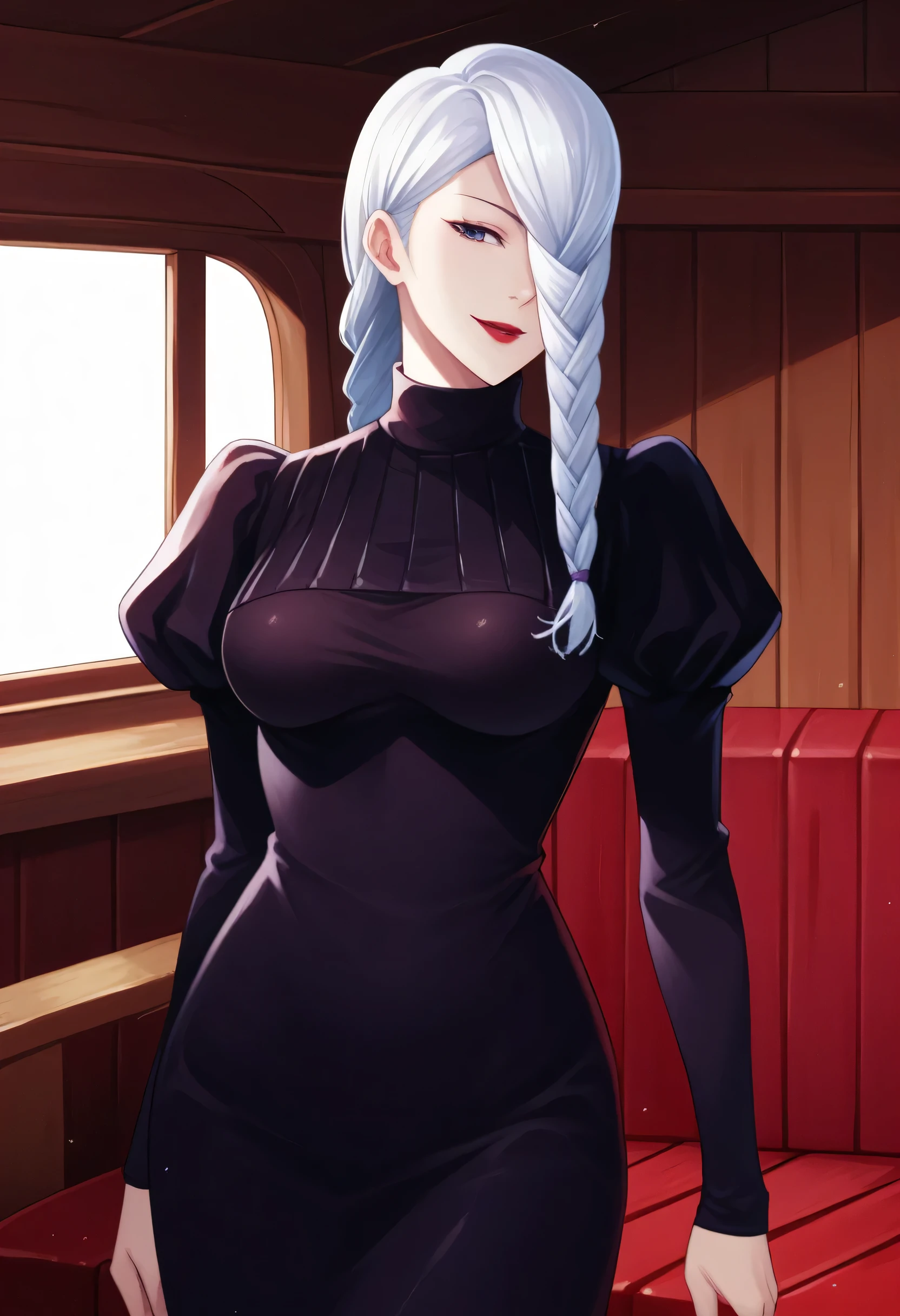 score_9_up, score_8_up, score_7_up, 1girl, solo, mature female, mei mei, looking at viewer, white hair, braid, hair over one eye, half closed eye, braided ponytail, braided bangs, purple eye, red lips, parted lips, naughty smile, long sleeves, dress, puffy sleeves, black dress, juliet sleeves, turtleneck dress,((yacht cabin)), night time, standing tall in seductive pose, hands on tits