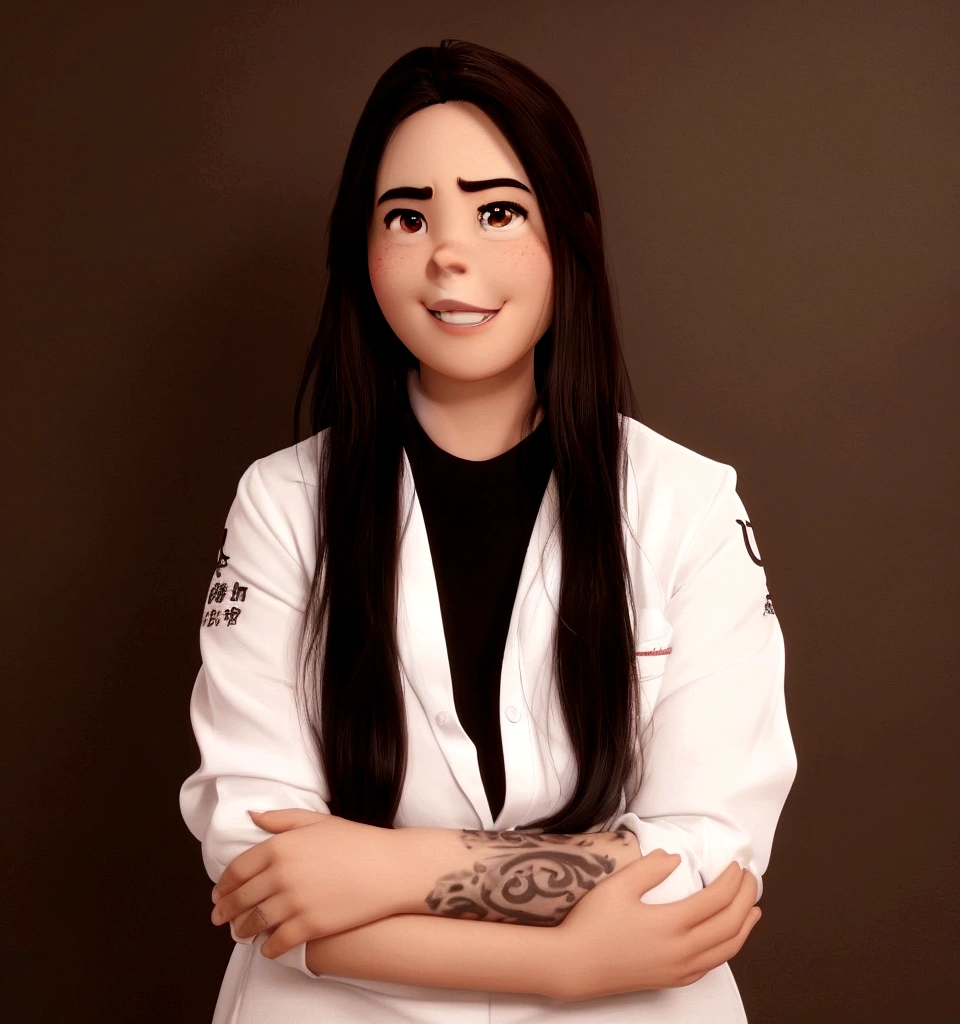 （Pixar-style),A Chinese，long dark brown hair, black eyes slightly slanted Korean style, round face, Eyebrows marked in dark brown and a very white smile, such as a slightly thin nose and eyes of the same size 