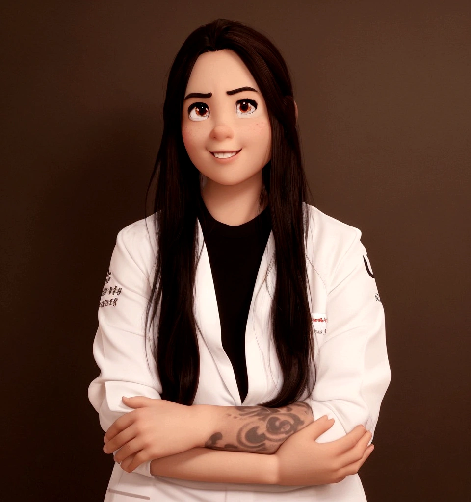 （Pixar-style),A Chinese，long dark brown hair, black eyes slightly slanted Korean style, round face, Eyebrows marked in dark brown and a very white smile, such as a slightly thin nose and eyes of the same size 
