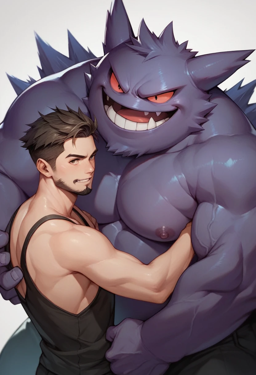 Boy with short dark hair and beard with a Gengar (Of pokemon)