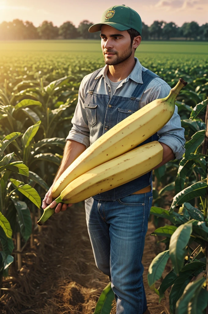 3D animation of young farmer in the field with a banana in his hand