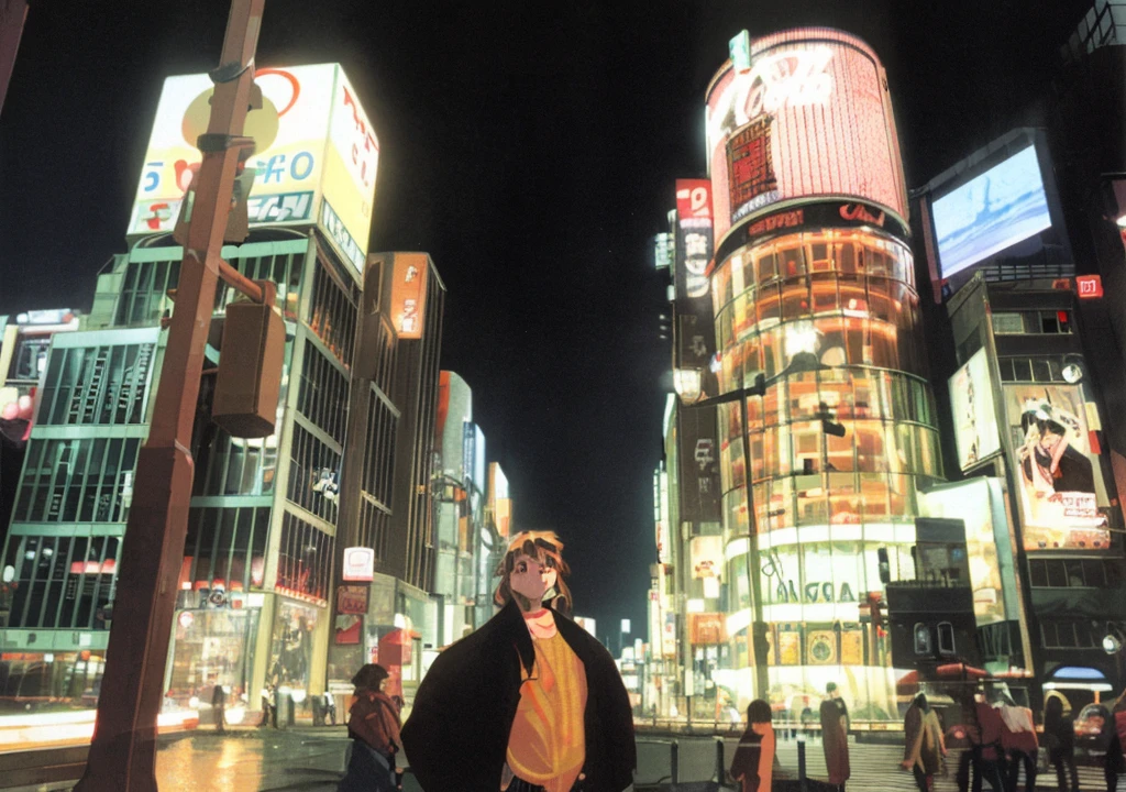 Taiga Aisaka standing on the street in Tokyo, (night), winter, (neon lights), VHS, vintage, manga style, snow, black background, (bangs), wavy hair, glitch art, light brown hair, 90's