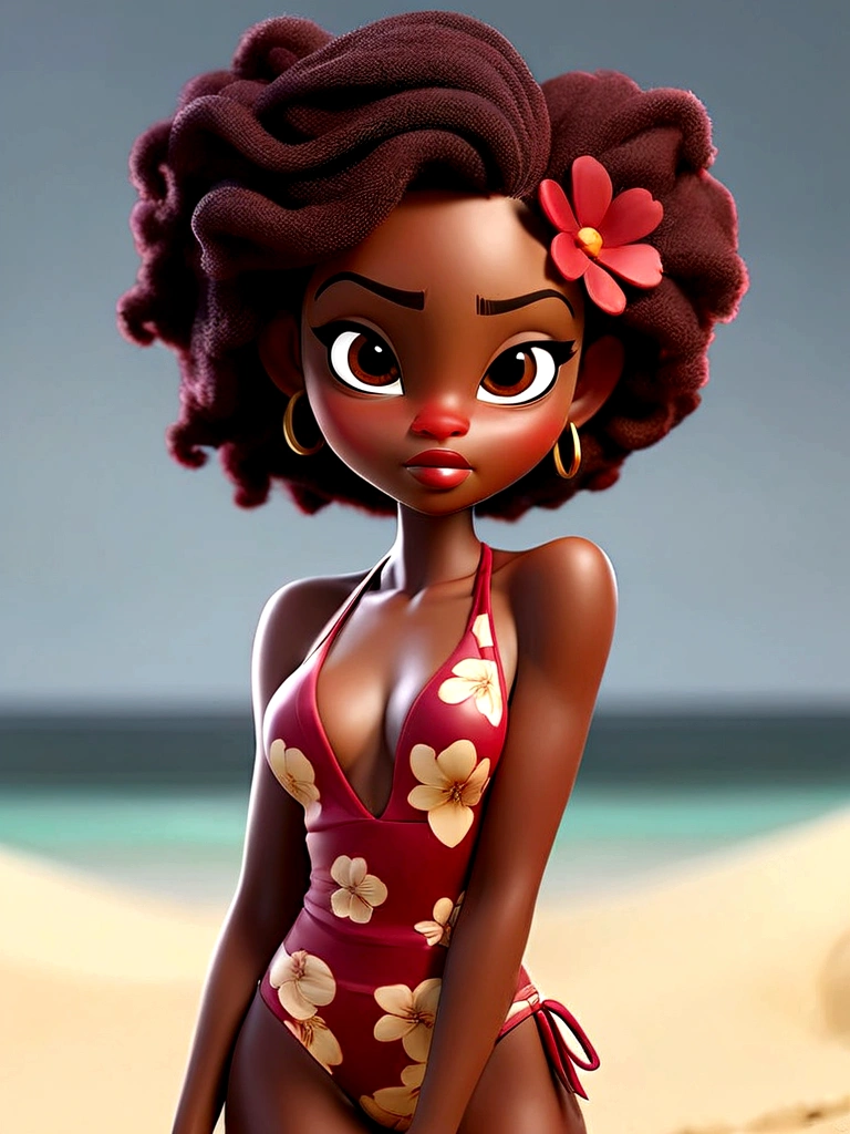 attractive african american woman with asian features, dark skin and nice face, short elegantly styled dark reddish brown hair and light brown eyes. wears a wine red two-piece swimsuit, black floral designs on top. complete 3D model. family friendly. she is on a beautiful beach at night