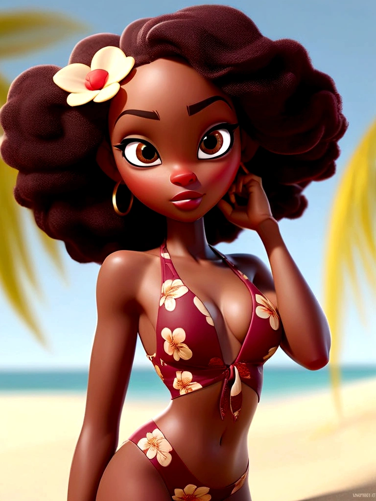 attractive african american woman with asian features, dark skin and nice face, short elegantly styled dark reddish brown hair and light brown eyes. wears a wine red two-piece swimsuit, black floral designs on top. complete 3D model. family friendly. she is on a beautiful beach at night