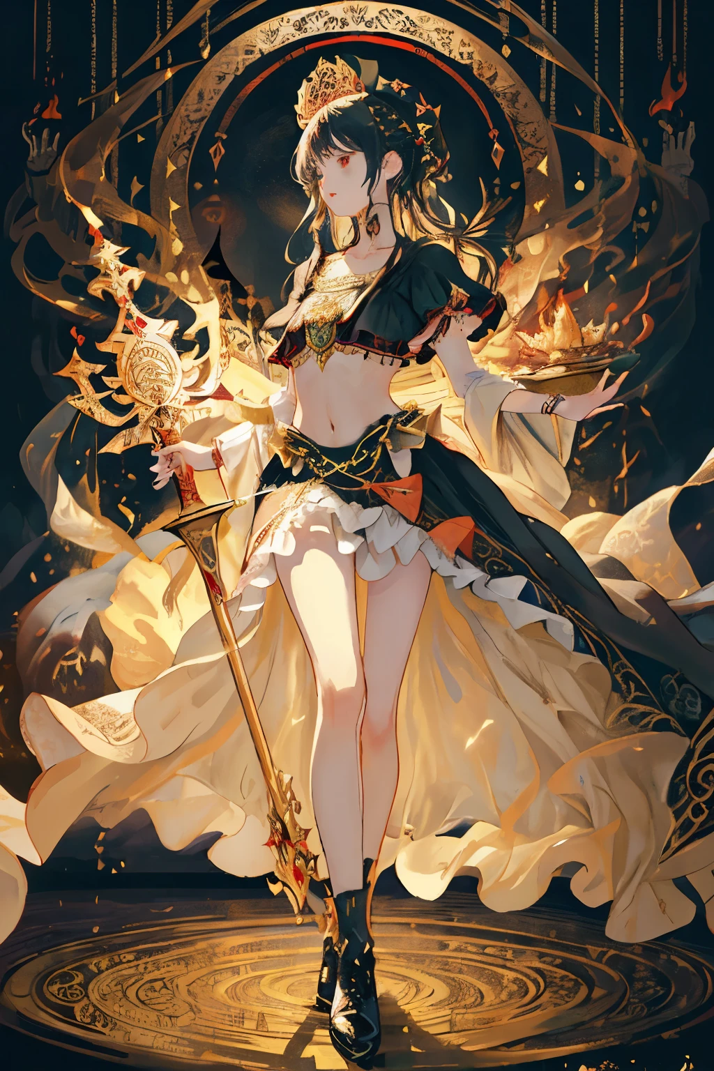 ((Finest quality)),(超A high resolution),(ultra-detailliert),(Meticulous portrayal),((Best Anime)),(Finest works of art),(Ultra-Precision Art),(The art of astounding depiction,Overwhelming depiction:1.5),(intricate and detailed art:1.6), (adult woman:1.5),(Hanging:1.6),Staring at this:1.4,sneering:1.5,(Armor shaped like a skeleton:1.3), (Black Flame:1.5), terrifying, nightmarish, cosmic horror, body horror, a heavenly female knight, imposing, biblical, very skinny, detailed, best quality, prominent collarbones, skinny arms, flat stomach, visible hip bones, full body, red and white clothing, occult aesthetic, occult, detailed and intricate steampunk and detailed gothic, Fluttering lace flared long knee length dress with frilly petticoats, knee length dress, pleated petticoats, petticoats gothic, complex lace boots, gothic aesthetic, wielding a mighty sword with mechanical components, mandalas, full body, whole body, body, chains,