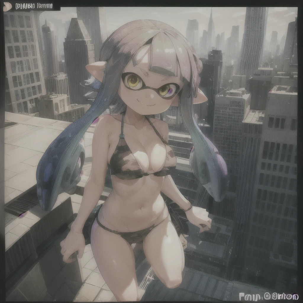 Highest quality, Detail View, High resolution、Official Art、aerial photograph、Real Anime、3d、Splatoon Girl on the Skyscraper Observatory, Are standing、Happy, Golden Eyes、Beautiful Face、smile, A slightly thinner face、Detailed facial depiction、Prism Gradient Tentacle Hair、Miniature cityscape、Skyscraper rooftop、Outdoor、Skyscrapers look small、Big Breasts、Cleavage、Camouflage Bikini, Parkour、Jump off a building、Colorful air
