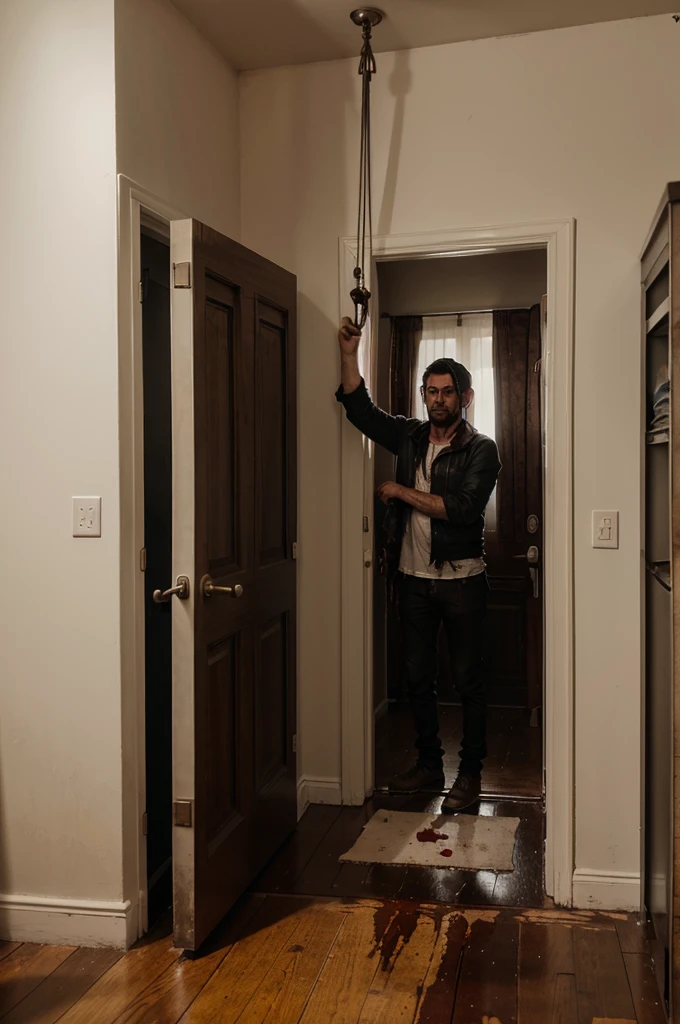 a human leg hanging from the door of the room with fresh blood still dripping on the floor very much.
hanging with an iron hook