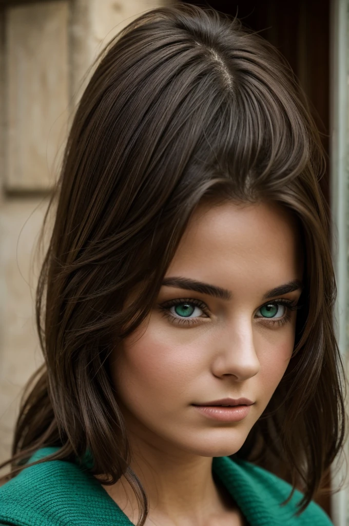 A young brunette woman of 24 years old, typical Italian with green eyes and a deep look. Photo portrait réaliste 