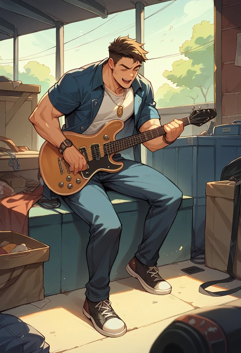 Man playing guitar singing in a garage